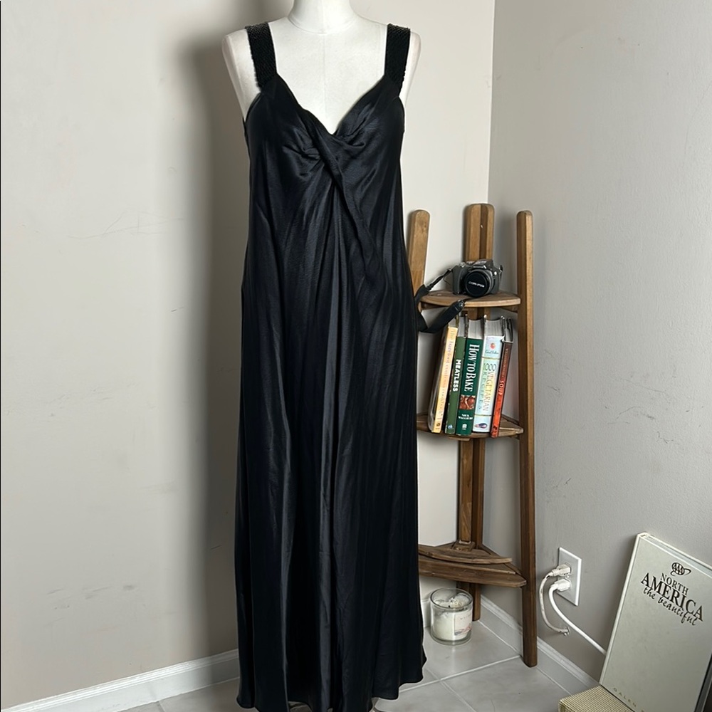 Banana Republic Silk Black Maxi Dress Slip on with beaded strap size 10